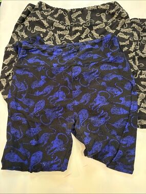Two pairs of LuLaRoe Cat Silhouette Leggings- Black, Tan and Royal Blue